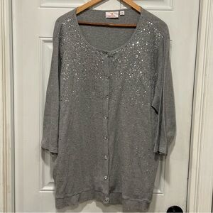 Quacker Factory Grey Knit Cardigan Sweater, Layered, Sequins, Bling, Plus Sz 3X